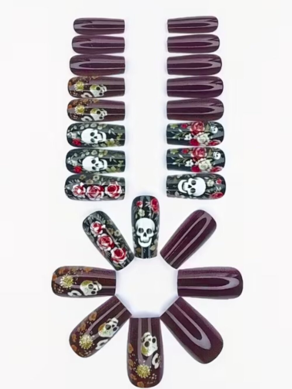 Press-on Nails Burgundy Ballet-Style Rose Sugar Skull Pattern Nail Tips 24pcs - Picture 4 of 6